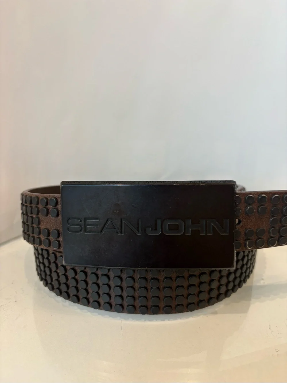 Vintage Y2K Sean John Studded Leather Plaque Belt Logo Buckle Brown Hip Hop